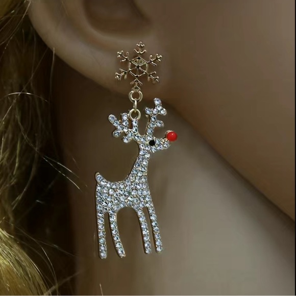 🎄 Gold Tone Sparkling Rudolph The Red Nosed Reindeer Earrings - Picture 5 of 13